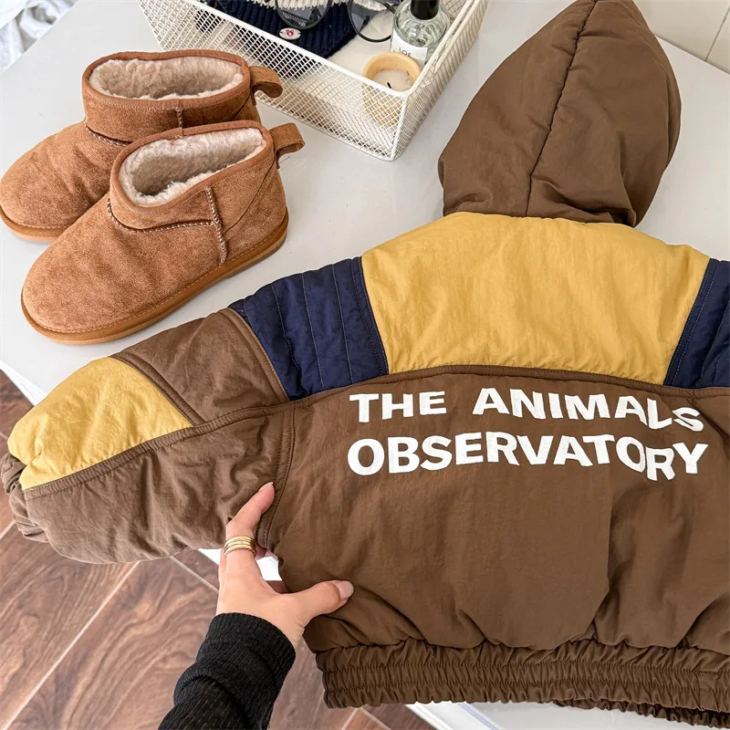 2025 Winter New Children Plus Velvet Thick Warm Coat Letter Print Boys Down Jackets Baby Girls Hooded Padded Jacket Kids Clothes