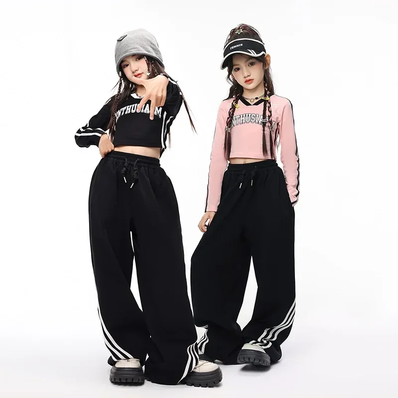 Top da ragazza rosa a maniche lunghe Pantaloni larghi neri Set da ballo di strada Abbigliamento da competizione per spettacoli di gruppo per bambini Abiti da ballo hip-hop jazz