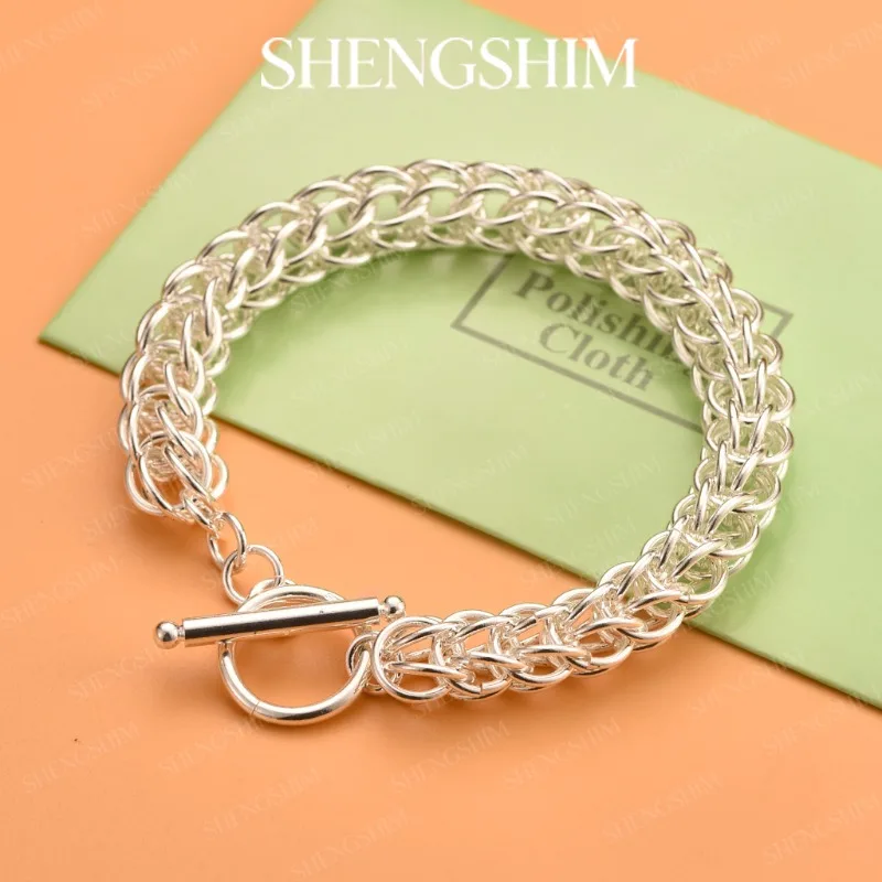 SHENGSHIM 925 Sterling Silver Chunky Interlocking Link Chain OT Board Bracelet For Men Women Fashion Jewelry Party Birthday Gift