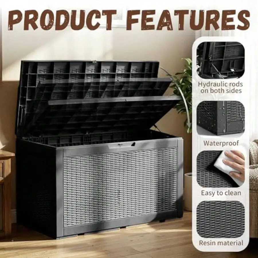 Outdoor Storage Box 100 Gallon Deck Box Resin Outdoor Toy Storage With Lockable Lid, Hydraulic Struts, Rattan Style Package Deli