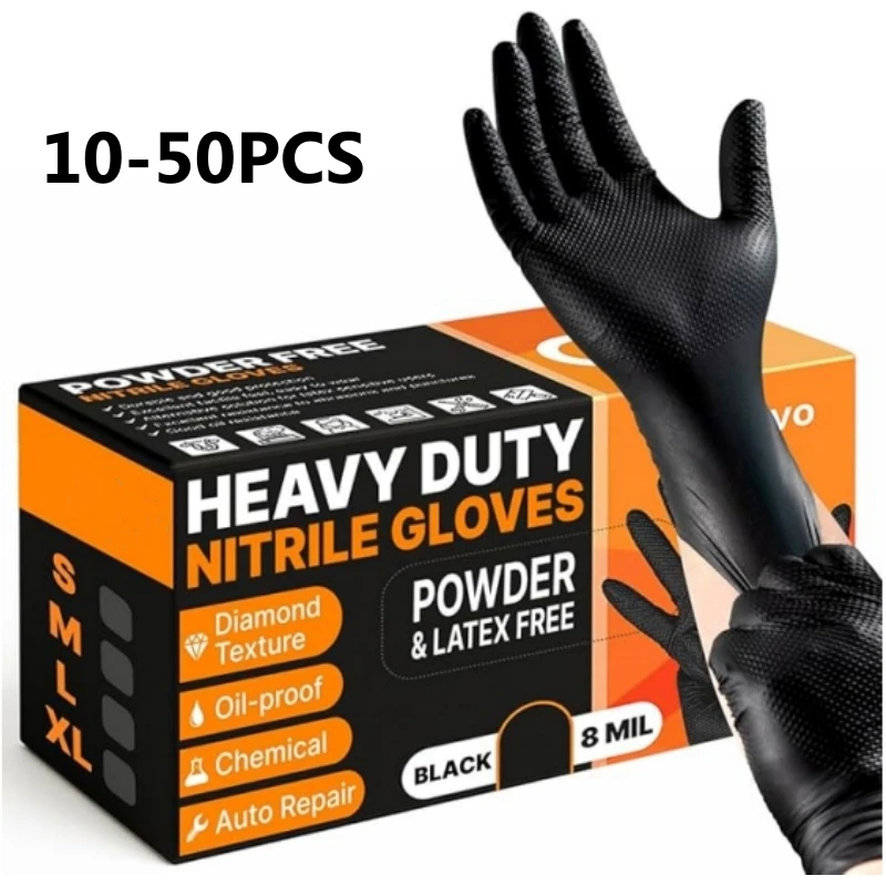 Industrial Black Nitrile Gloves 8mil Heavy Duty Disposable Gloves with Diamond Textured Latex Free Mechanic Tattoo Auto Gloves