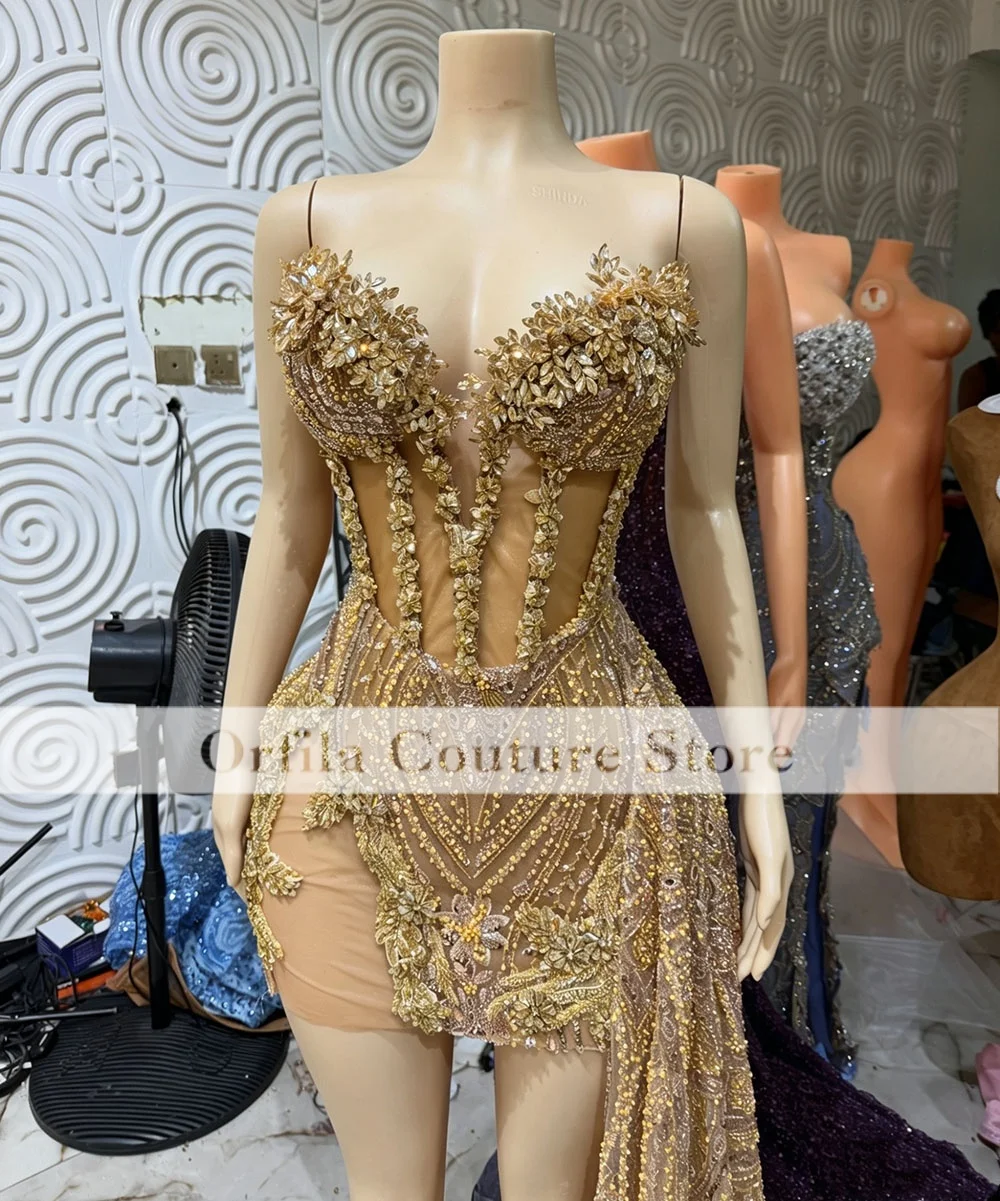 Gold Short Cocktail Dresses With Train Beads Crystal Exposed Boning Sexy Prom Dress African Women Celebrity Party Gown Customise