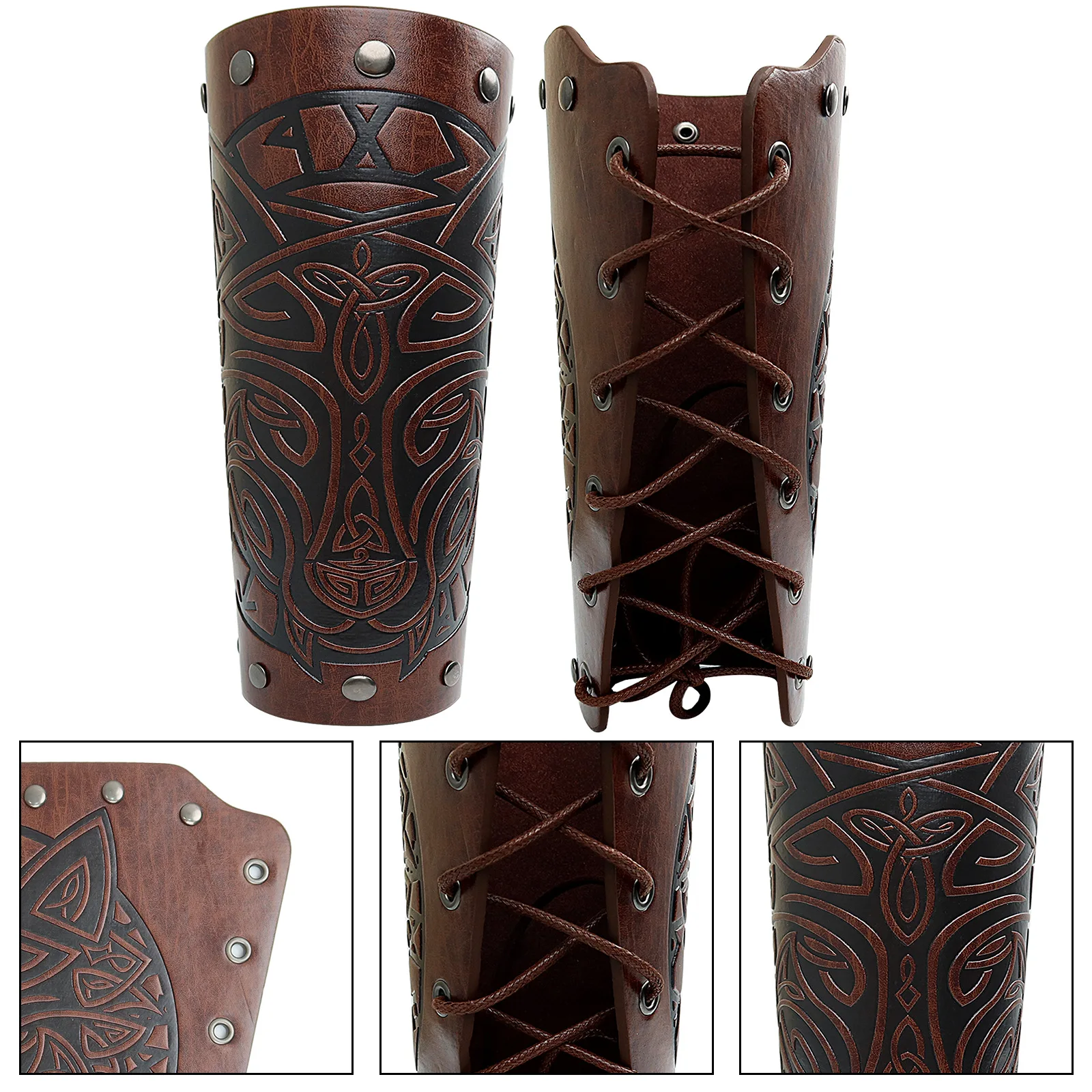 1pc Retro Viking Warrior PU Leather Wrist Guards Adjustable Lace-up Cuffs Bracers Arm Gauntlets for LARP Cosplay Party