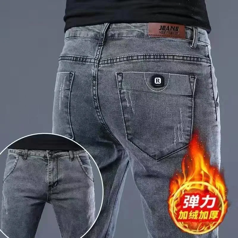 2023 Autumn and Winter New Fashion Trend Stretch Jeans Men's Casual Comfort Plus Fleece Thickened Warm High Quality Pants 28-38