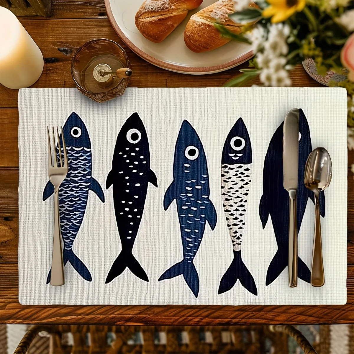 VIKAMA 4/6/8/10-Piece Set Nordic Coastal Fish Pattern Placemats Machine Washable Table Mats Party Kitchen Dining Room Decor