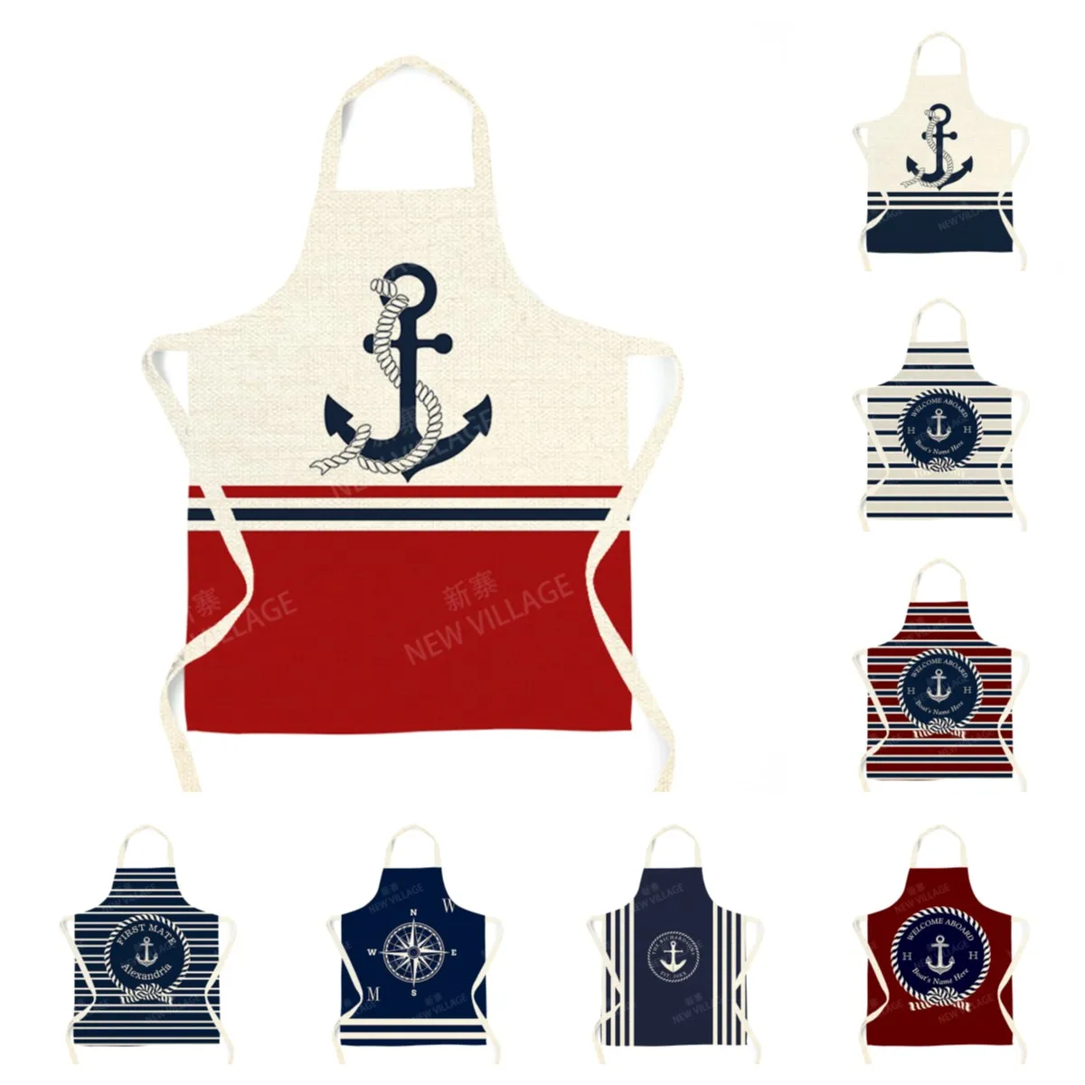 Custom Linen Apron Nautical Anchor Design Personalized Boat Name Adjustable Cooking Baking BBQ Kitchen Apron Unisex Durable