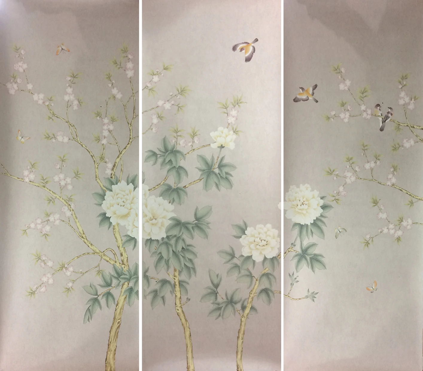 Chinoiserie Hand-Painted peony flowers & birds Silk Fabric Wallpapers for Bedroom/Living/study/Dinning Room/Sofa/TV wall paper