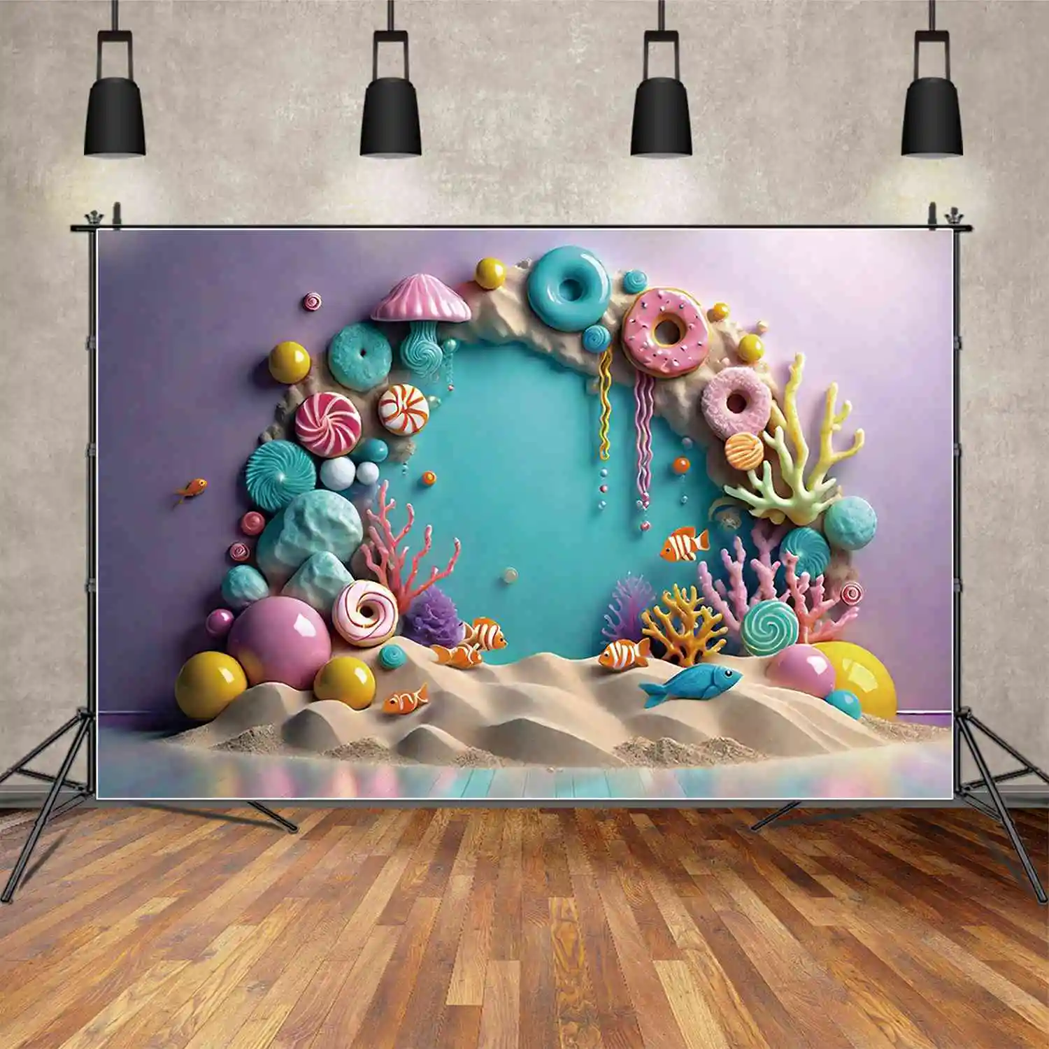 

MOON.QG Seabed 3D Candy Wall First Birthday Background Baby Summer Candyland Undersea Backdrops Custom Party Photography Props