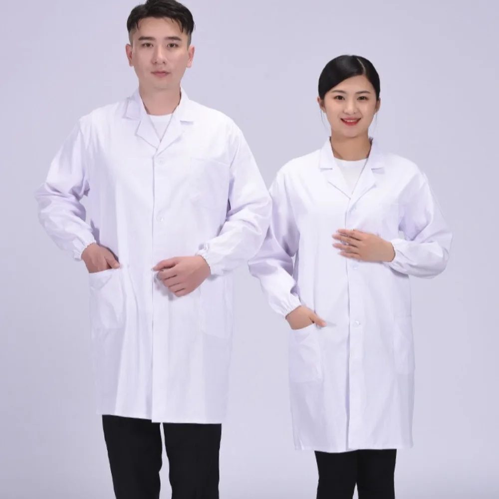 เสื้อกาวน์แขนยาวสีขาว ชุดยูนิฟอร์มสำหรับแพทย์ ห้องปฏิบัติการ ร้านเสริมสวย และร้านขายยาในโรงพยาบาล ชุดป้องกันสำหรับทุกเพศ
