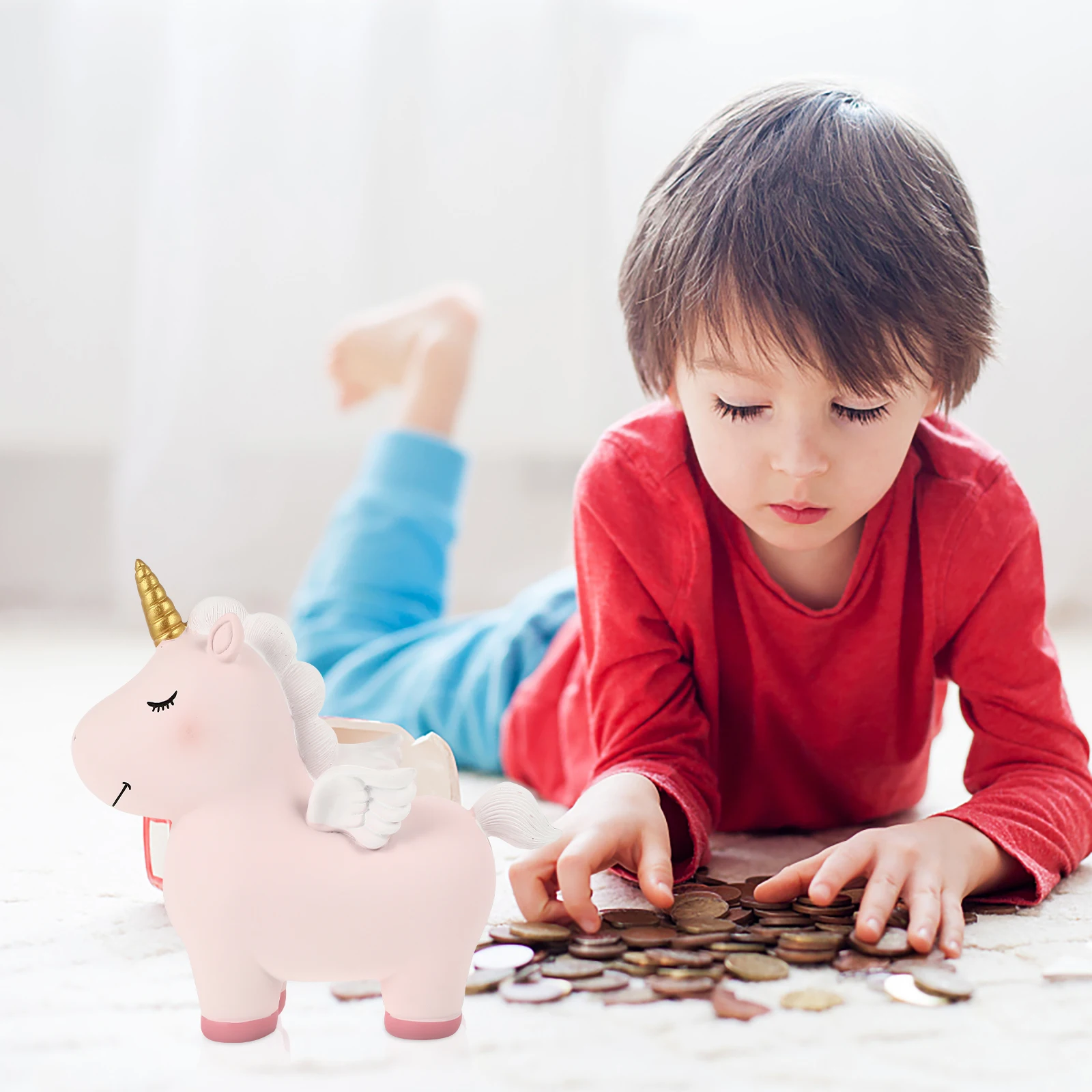 Hucha de unicornio, bote de ahorro de resina para niños, regalo de cumpleaños, decoración del hogar, contorno claro, tamaño compacto, diseño elegante