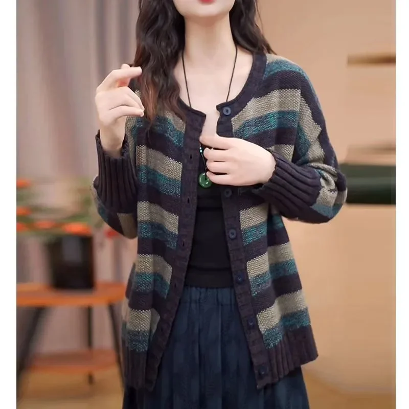 

Свободная куртка в стиле ретро, полосатый универсальный кардиган, свитер, модный топ с круглым вырезом