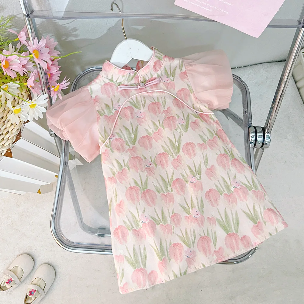 (0-3 Years Old) Summer Baby Girl Covered In Tulip Bubble Sleeve Dress, Girl Retro Cheongsam Dress