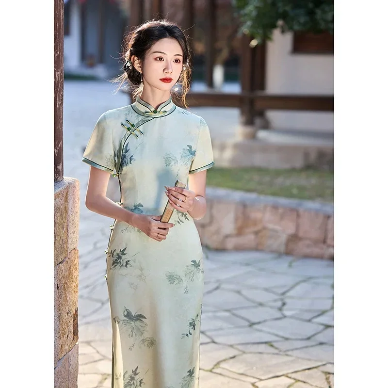 

2025 Spring/Summer New Imitation Silk Cheongsam Dress Long Improved Side Eight Button Double Layer Cheongsam