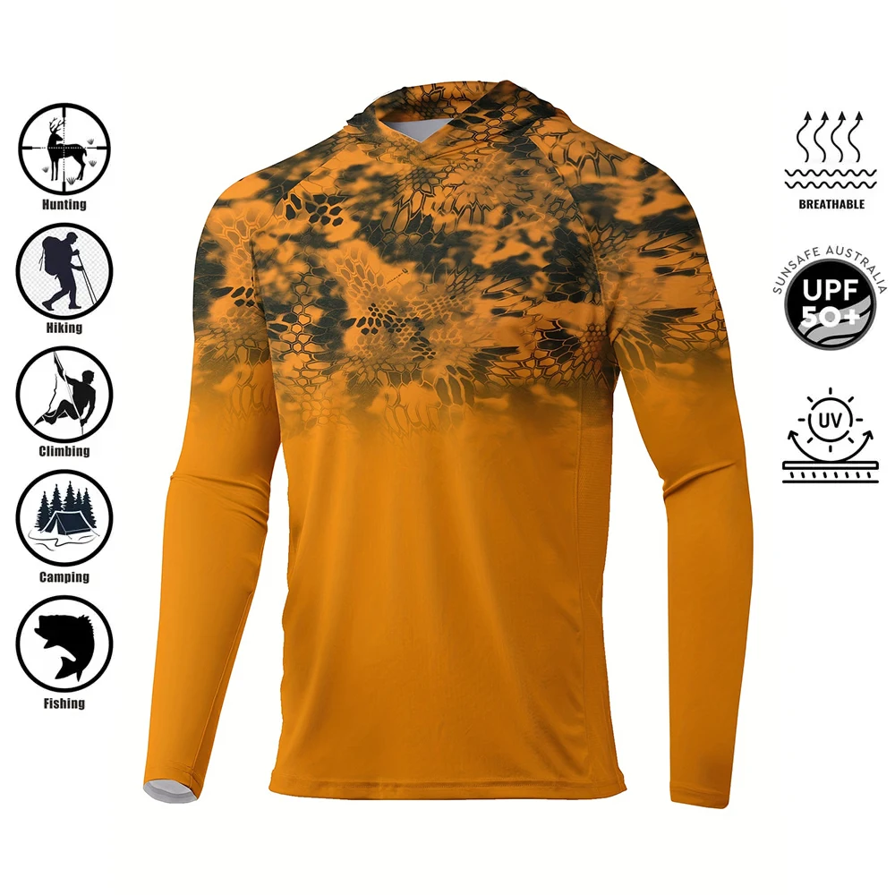 Camicia da pesca uomo con cappuccio manica lunga protezione Uv uomo Outdoor Motion arancione Camouflage Wicking Jersey abbigliamento da pesca camicia