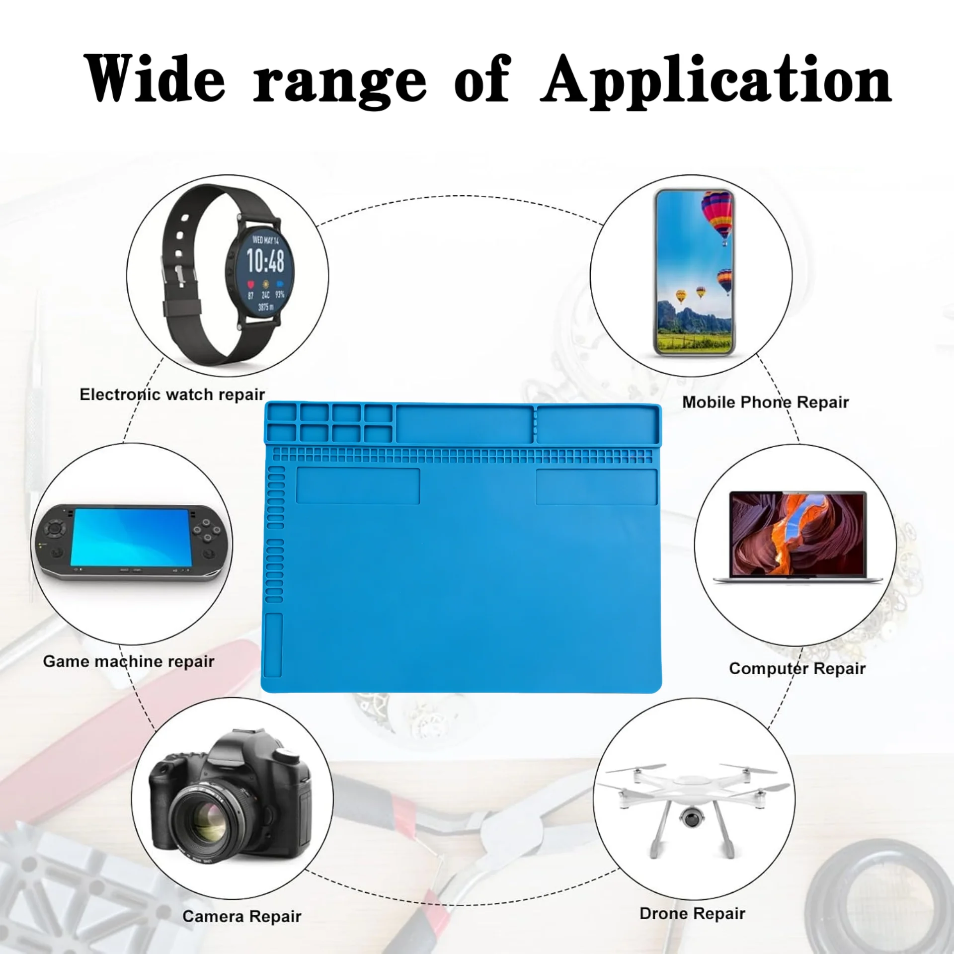 Blue Large Silicone Work Mat Non-Slip Rubber 13.8"x9.8" Heat Resistant Work Pad with Screw Slots & Parts Organizer view 2