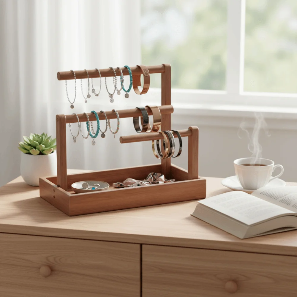 Solid Wood Jewelry Stand Retro Style Multi-Layer Design Bracelet Storage Holder Large Size With Hook
