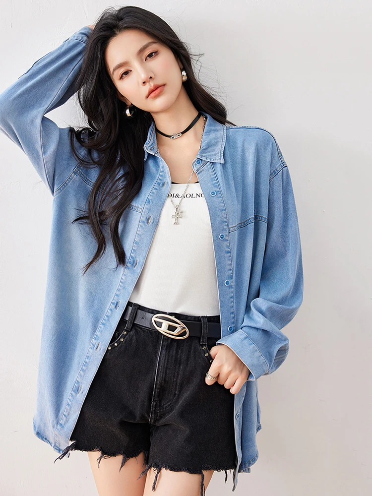 2024 New Vintage Denim Shirts Women\'s Fashionable Commuting Long Sleeve Denim Blouse Tops Female Casual Simple Outwear