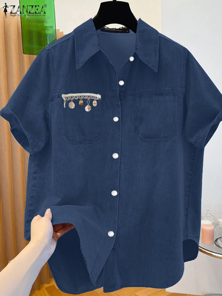 

ZANZEA Women Casual Denim-Look Collared Shirts 2025 Summer Short Sleeve Button Up Chemise Femme Lace Patchwork Hanging Seashell