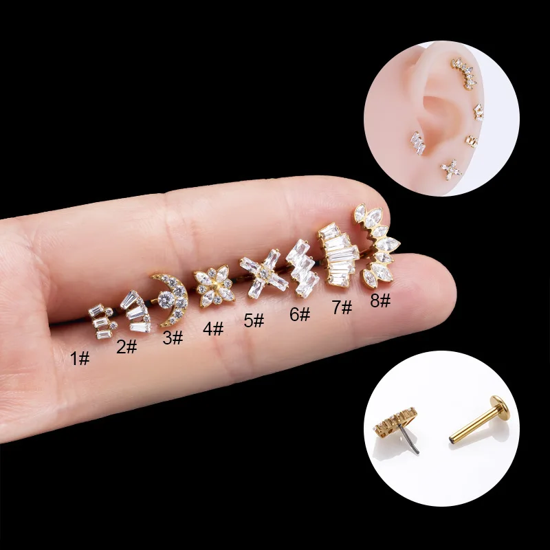 F136 Titanium Piercing Labret Stud Insert Push-Pin Geometric Zircon Helix Conch Cartilage Lip Ear Lobe Piercing Body Jewelry