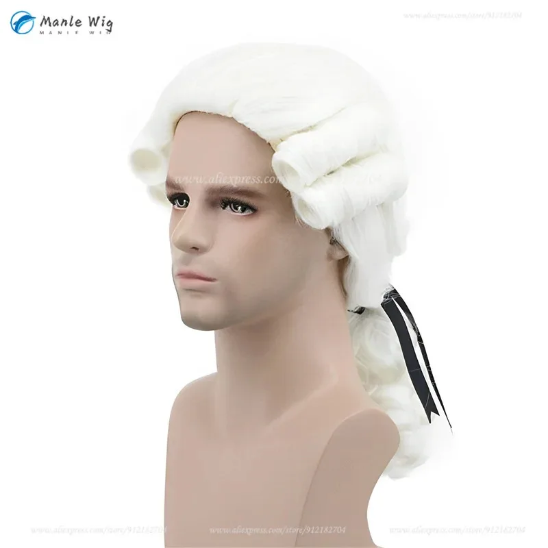 2025 yiyiLawyer القاضي الباروك رمادي تأثيري البيج أبيض أسود رمادي ذهبي مجعد الذكور زي ديلوكس التاريخية الباروكات + ث