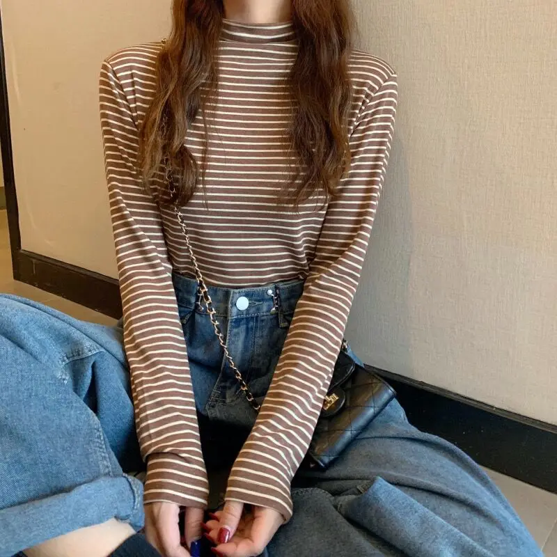 

Женская футболка Slim Fit Base irt Long Sve f с высоким воротником, модный полосатый топ для внутренней одежды на весну и осень