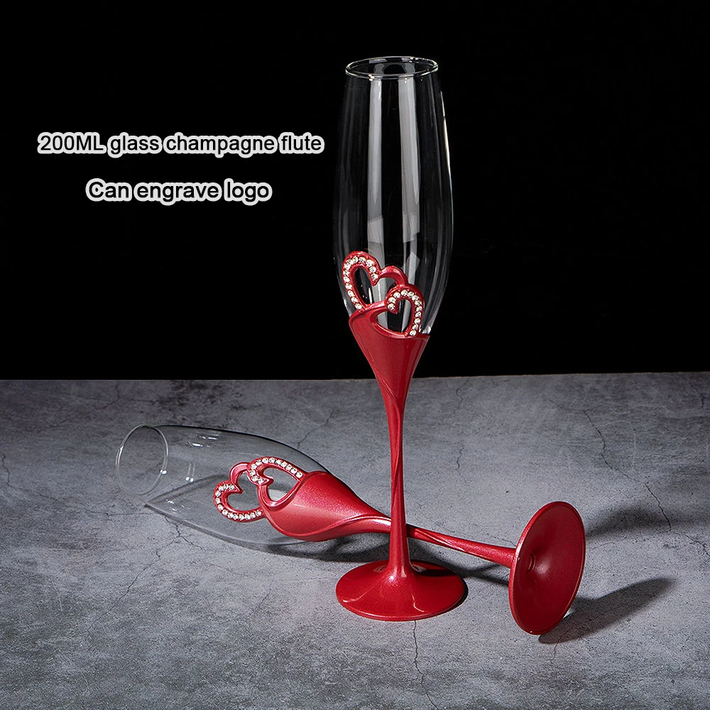 (Can Engrave Logo) 200ML Diamond Champagne Glass, Heart-shaped Electroplated Goblet, Wedding Wine Cup With Gift Box