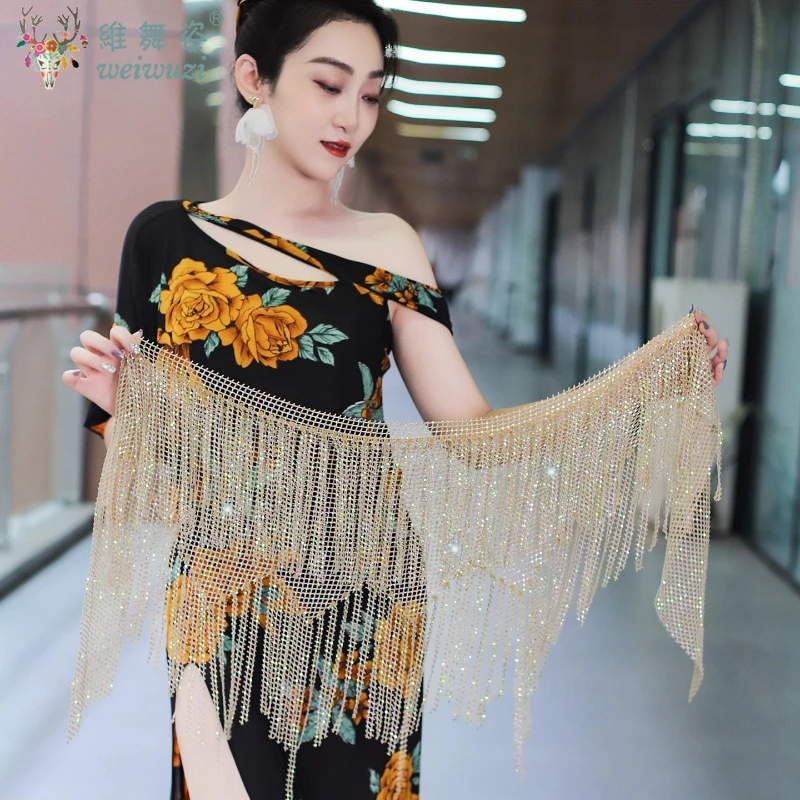 เข็มขัดเต้นรำท้องสำหรับผู้หญิง AB Stones Tassel Triangle Hip Scarf Adult Oriental Dance Practice Accessories Belts