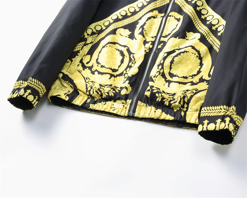 Double -sided Wear Jacket Luxurious Baroque Black Golden Palace Printing Pattern Hooded Jacket Male Club Outfit Pattern Jacket