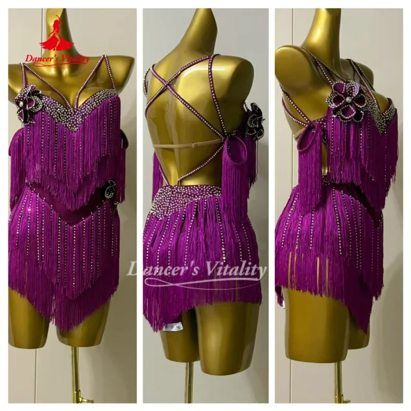 Latin Dance Dresses Women Customized Senior AB Stones Sexy Backless Dress Tango Samba Rumba Professional Performance Costumes