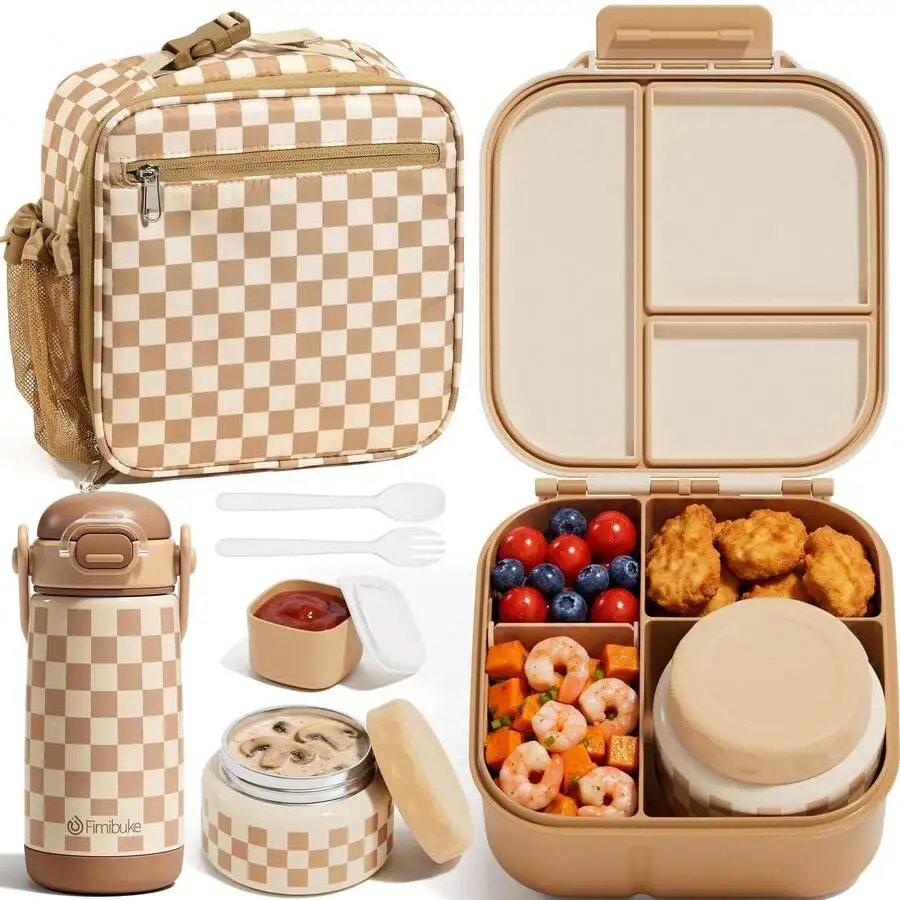 Bento Lunch Box With Insulated Water Bottle, Lunch Bag, 8.5oz Food Jar Sauce Cup, Utensils | Leak Proof 3-4 Compartment Food Lun