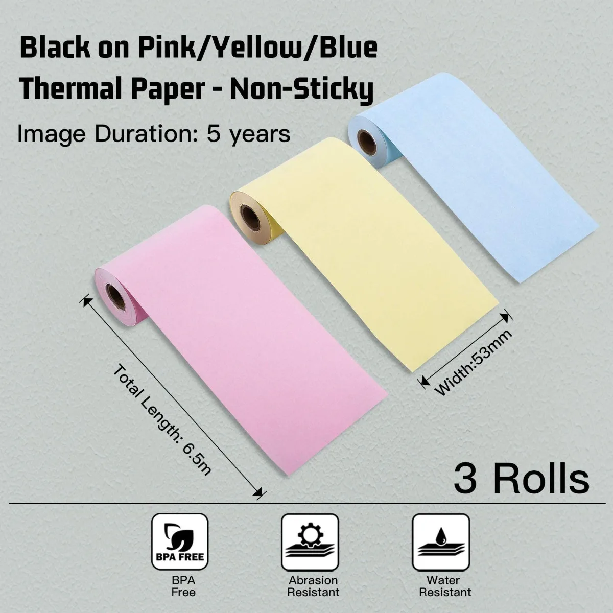 Colorful Thermal Paper Mini printer paper M02/M02 Pro/M02S/M03 Pocket Printer on Yellow/Blue/Pink Non-adhesive 3 Rolls For DIY