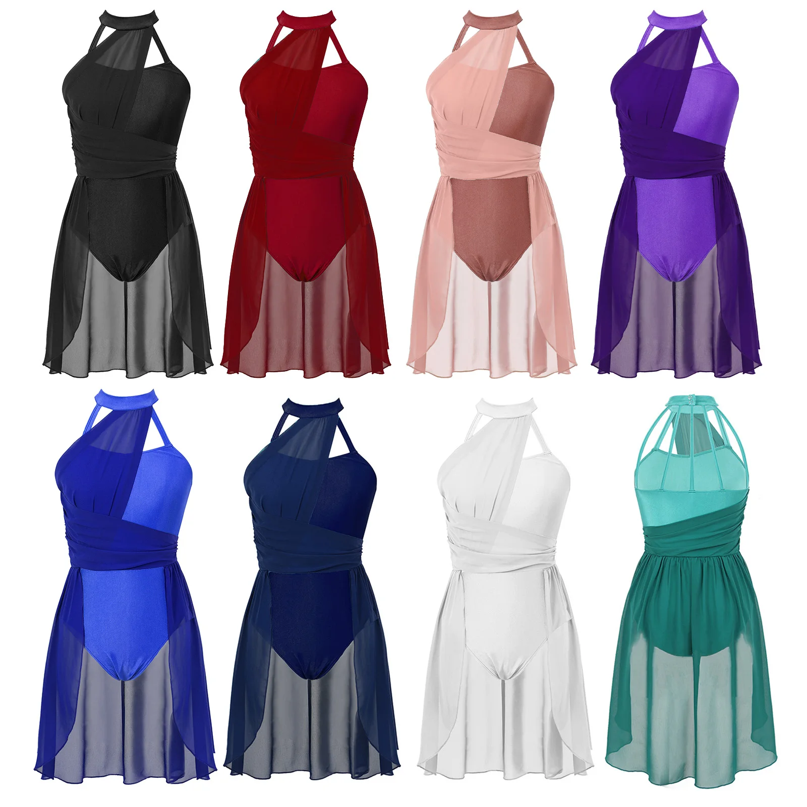 Womens Back Strappy Sleeveless Leotard Dress Ruched Chiffon Patchwork Dancewear Lyrical Dance Costume