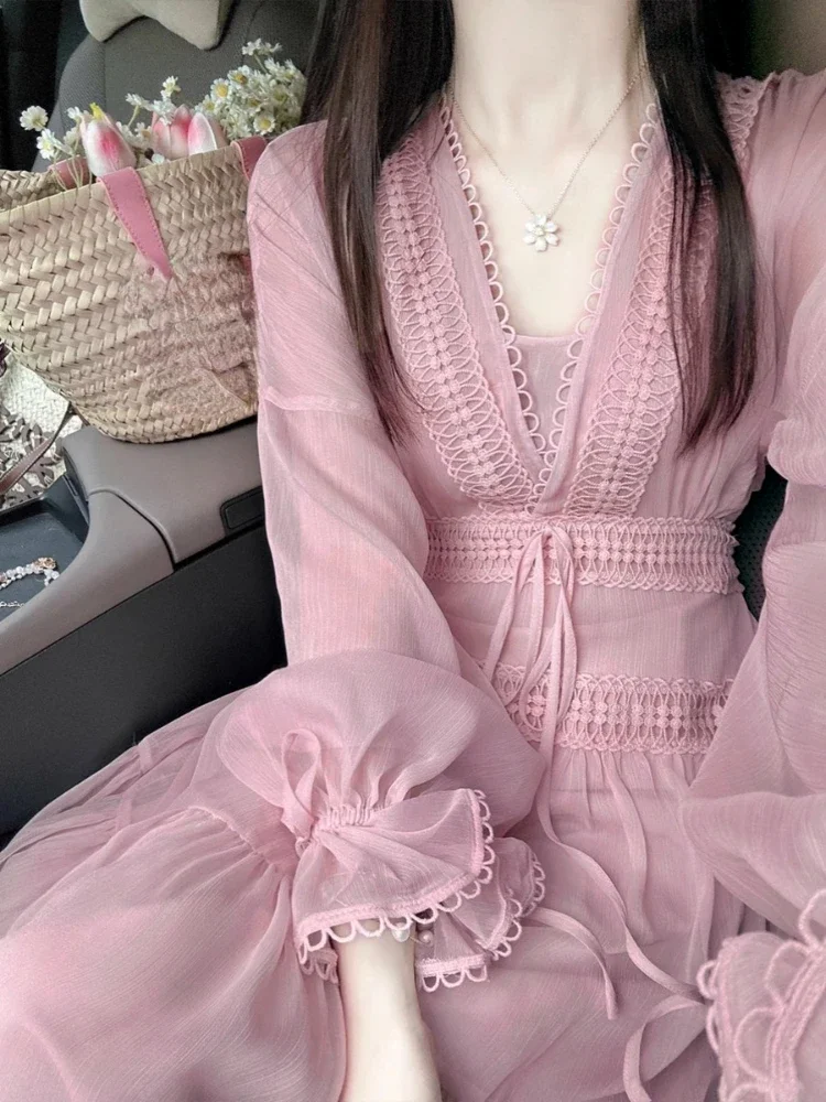 Pink V Neck Women Dresses Lantern Sleeve Spring Autumn Elegant Vestidos Mujer A-line Solid Sweet Retro Long Dress