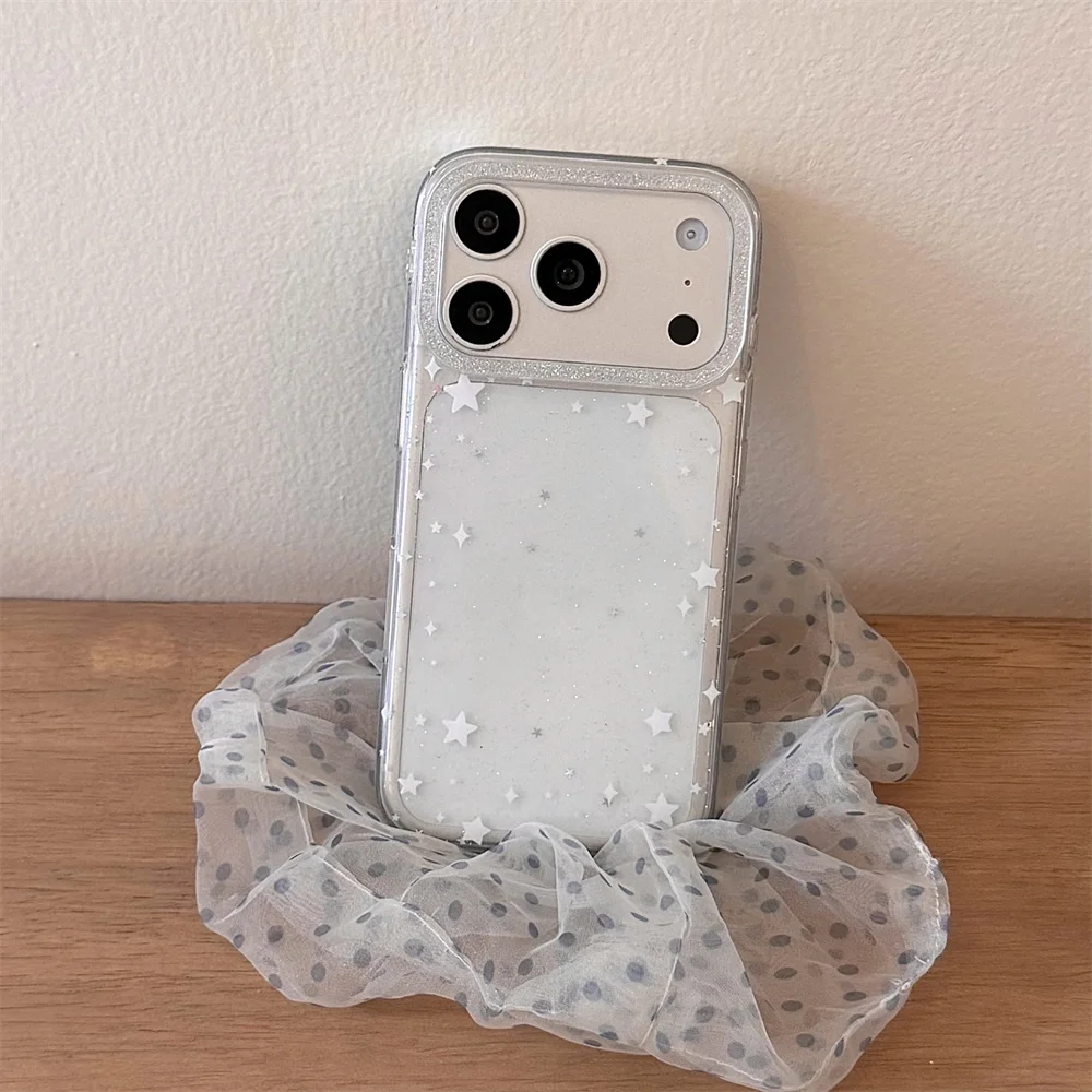 Cute Glitter Silver Star Print Phone Case For iPhone 15 16 17 Pro Max Sparkle Transparent Shell Shockproof Protective Cover