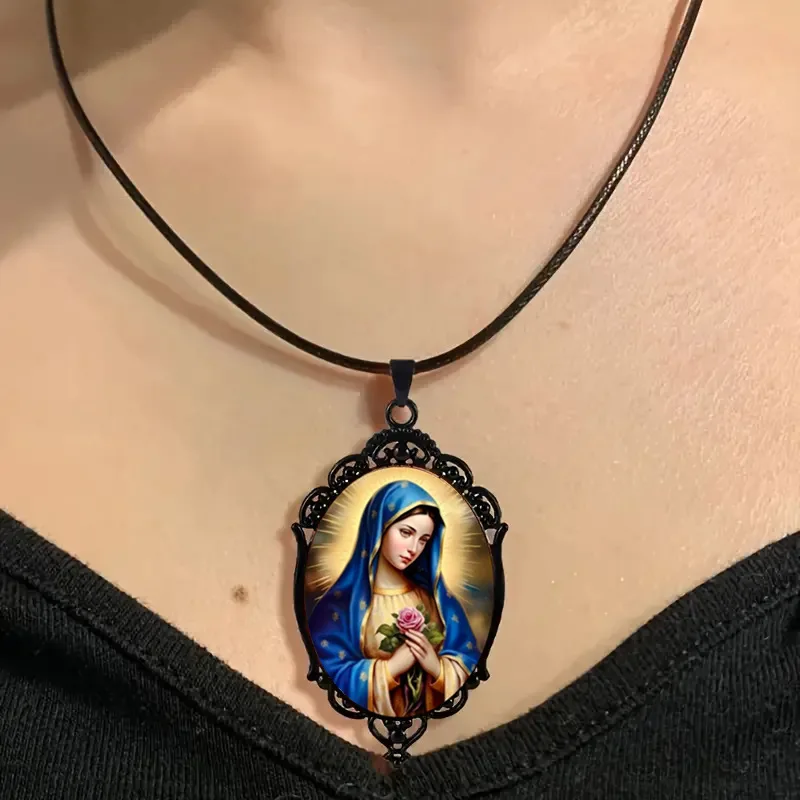 Religious Virgin Mary Pattern Glass Pendant Necklace Black Border Pendant Necklace Car Pendant