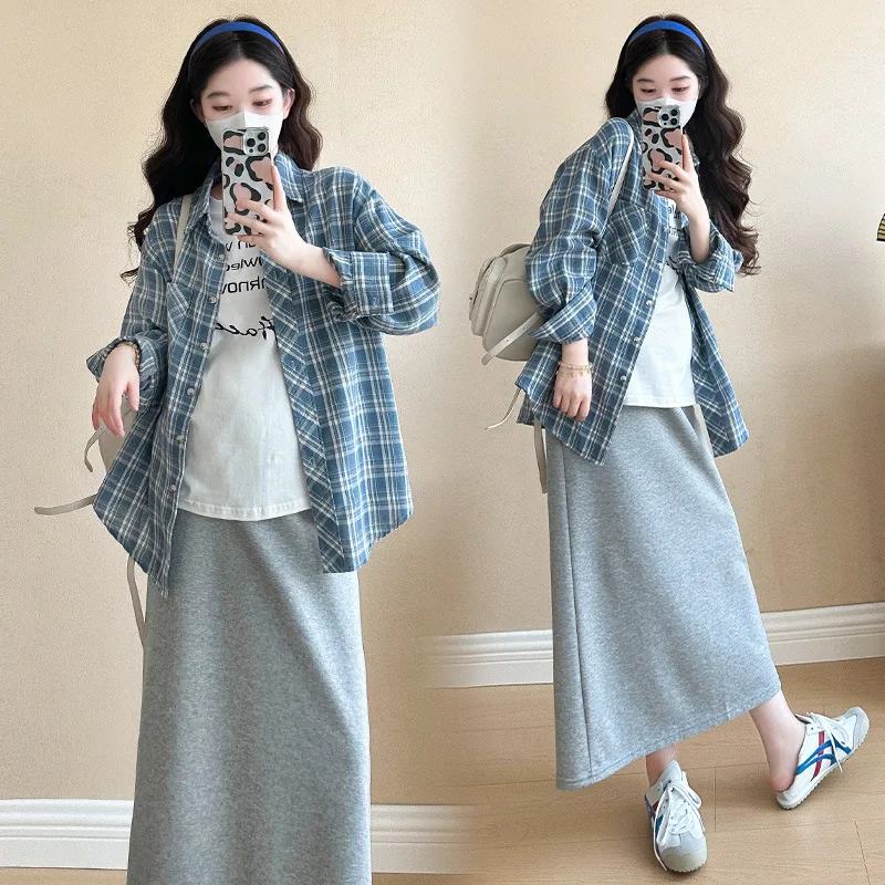 Maternity Suit 2026 Summer Korean Style Simple Letter Print Short Sleeve T-Shirt Plaid Shirt Coat Midi Skirt Three Piece Set