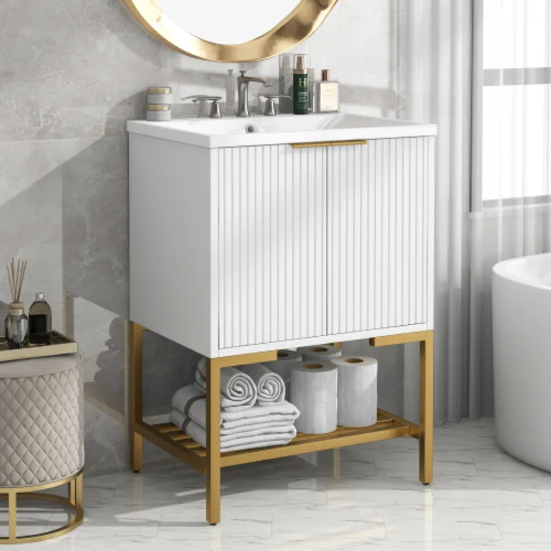 FENGSHUO Simplicity Bathroom Vanity With Sink Bathroom Vanity Cabinet With Two Doors And Gold Metal Frame Open Storage Shelf