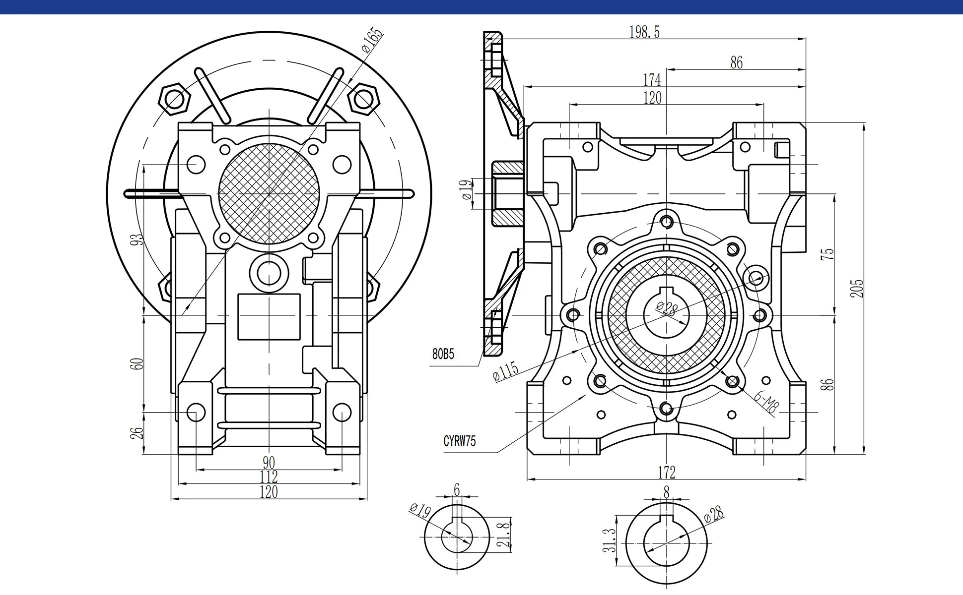 CHENYUE Worm Gearbox CYRW075 Gear Reducer  Input 14/19/24/28mm Flange71B5/80B5/80B14/90B14/100B5 Output 28mm Ratio 5:1-100:1