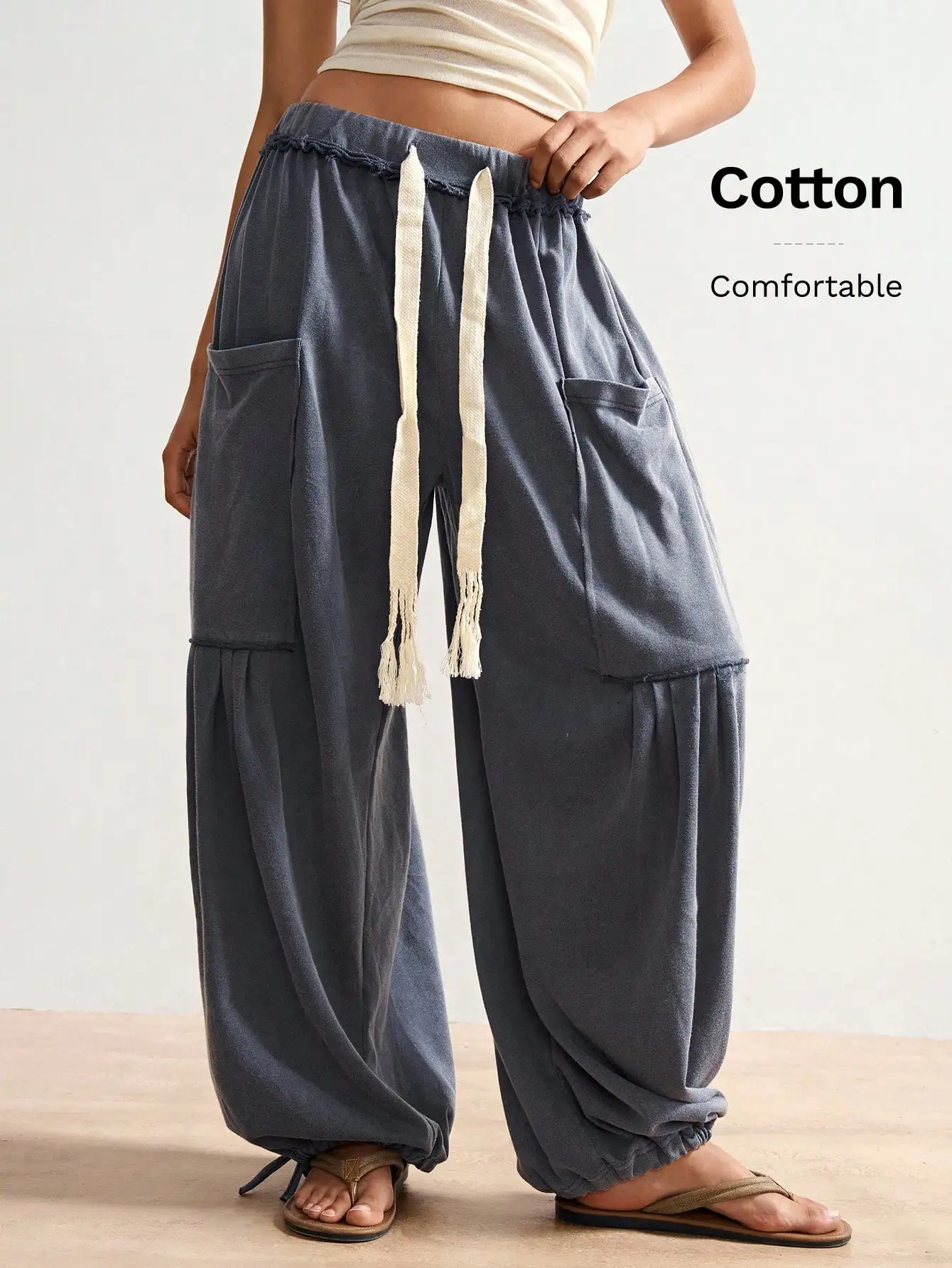 

Plus Size Cotton Drawstring Waist Loose Wide Leg Pants with Pockets