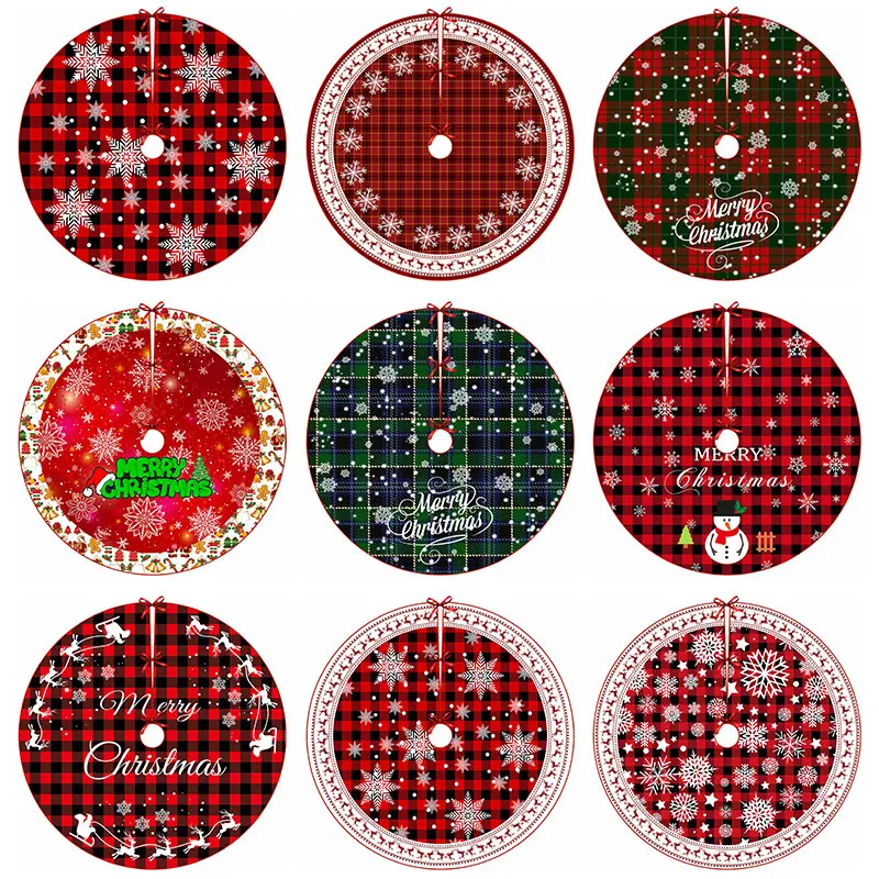 Christmas Tree Skirts Snowflake Chessboard Pattern Elk Pattern Edge Merry Xmas Tree Base Map For Home Decoration Creative Gift