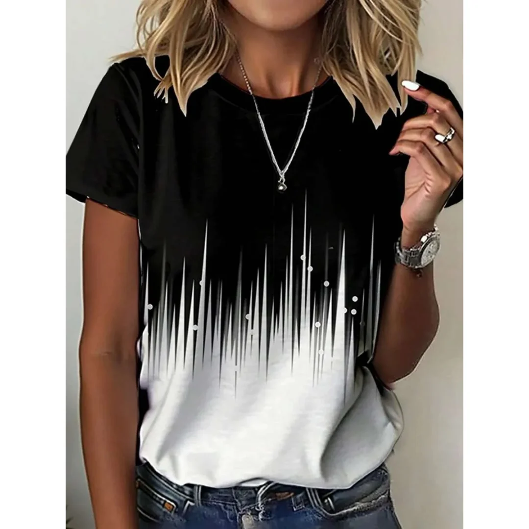 

2025 New Women's Simple Pattern 3D Print Short Sleeve Round Neck Casual Comfortable Polyester Material Fashion T-Shirt Clothing