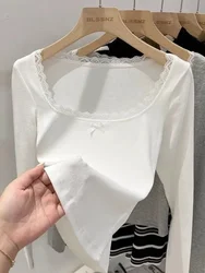 Spring Y2k Sweet Bow Tops Women White Slim Lace Square Neck Basic Casual T Shirt Female Chic Vintage Full Sleeve Pure Desire Tee