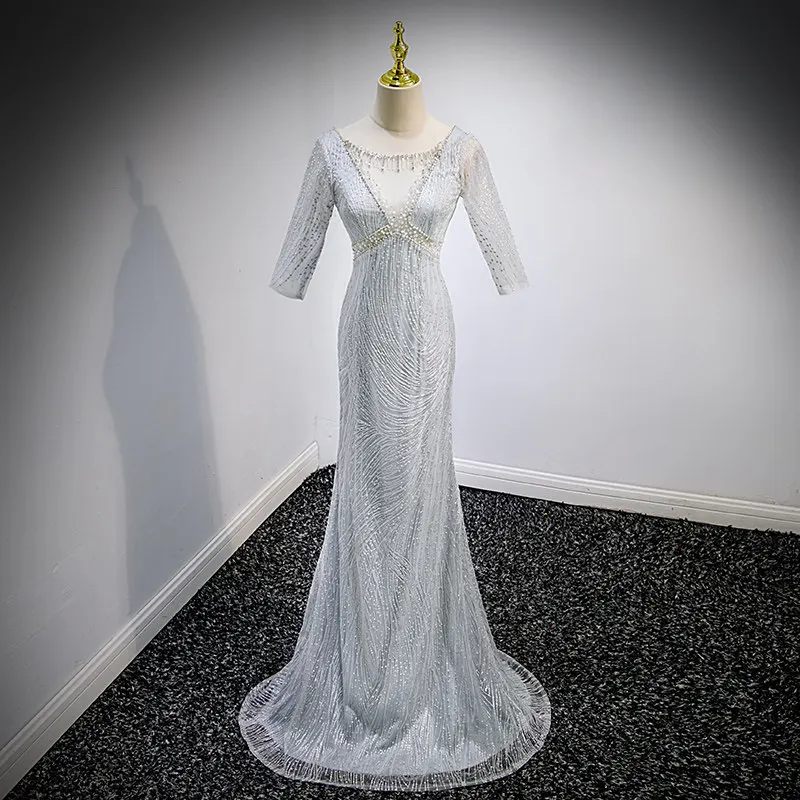 

Evening Dress O-Neck Half Sleeves Beads Mermaid Elegant Backless Floor-Length Zipper Back Simple Party Formal Gown Woman B1914