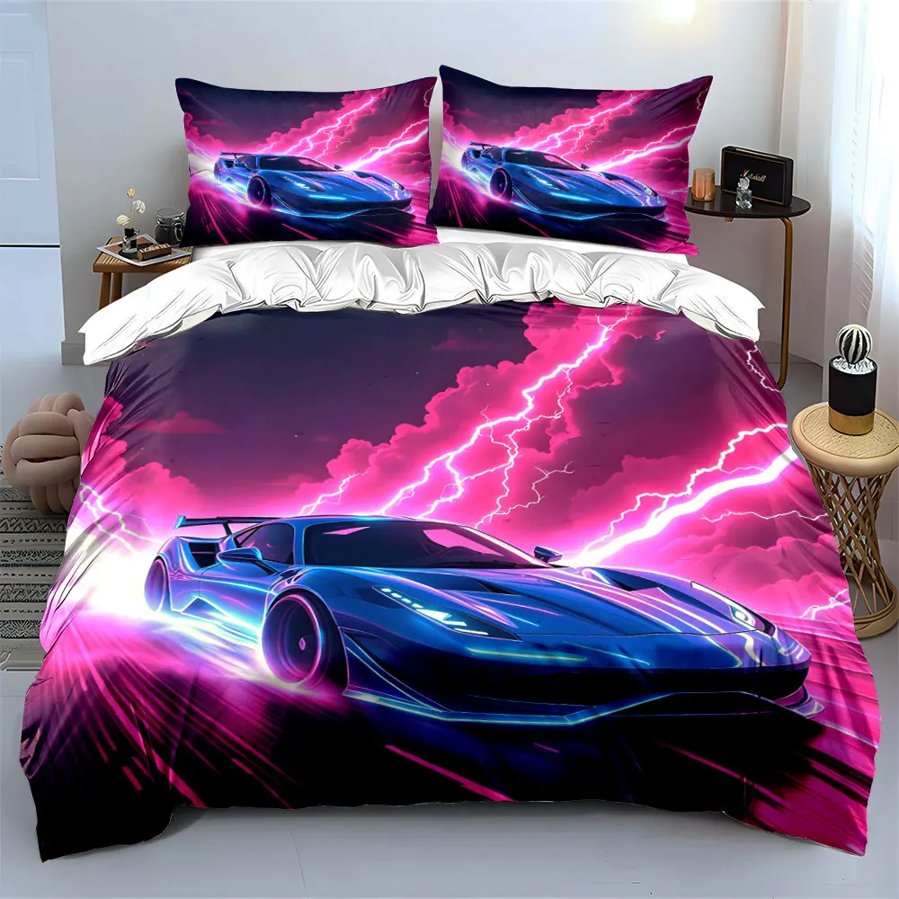 Neon Light Futuristic Sports Car Bedding Set,Purple Pink Lightning Cloud Racing Print 1 Duvet Cover 2 Pillowcase,Cool Cyberpunk