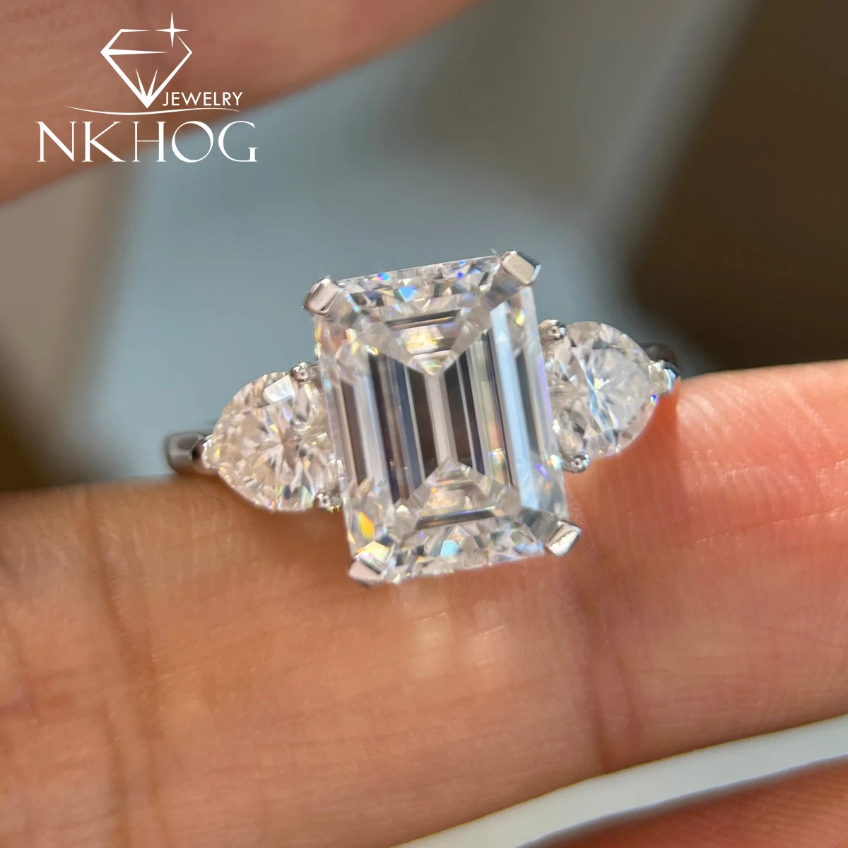 NKHOG 4.5CT Emerald Cut Full Moissanite S925 Silver Ring For Women 5mm Heart Cut Lab Diamond Wedding Band Fine Jewelry Certified