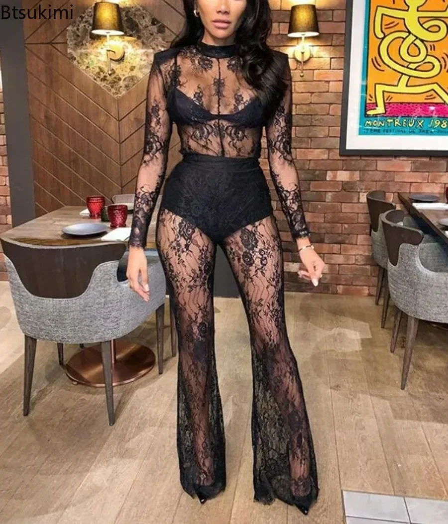 

Сексуальный черный кружевной комбинезон: новинка весенней коллекции, женский прозрачный ромпер с вырезами, клубная одежда для девушек, облегающий комбинезон с длинными рукавами