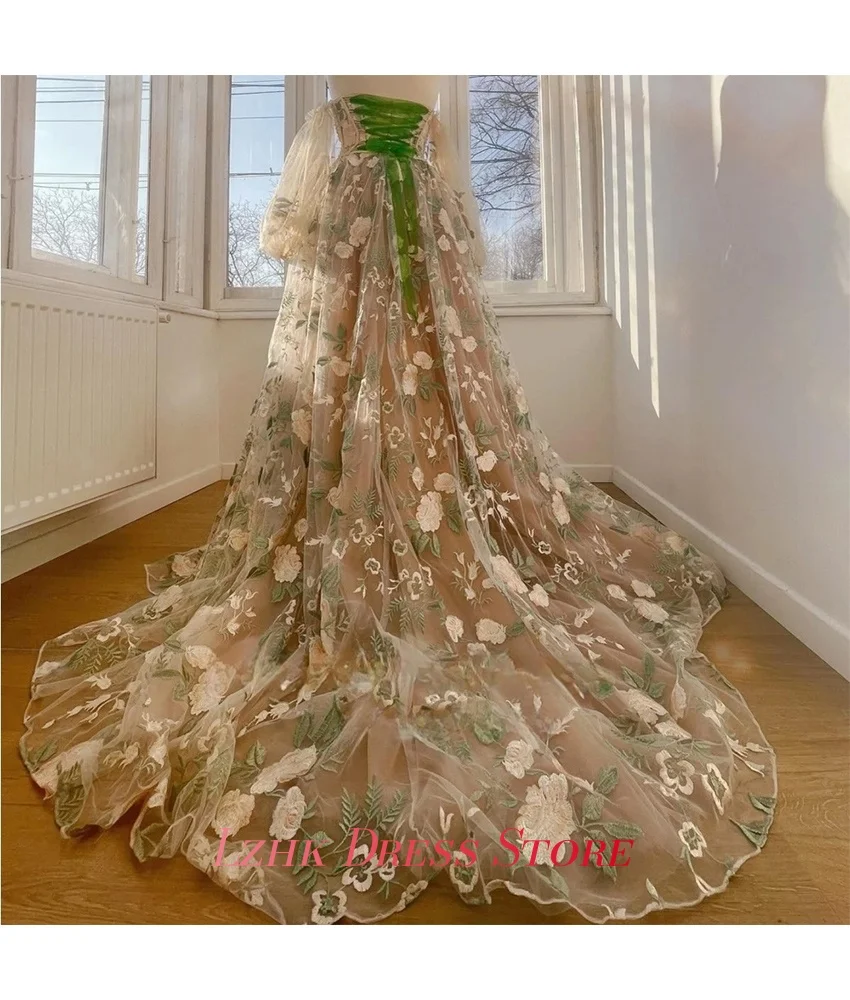 Gaun Malam Organza A-Line Elegan dengan Aksen Off-Shoulder, Aplikasi Payet Mutiara dan Bunga, untuk Pesta yang Menawan