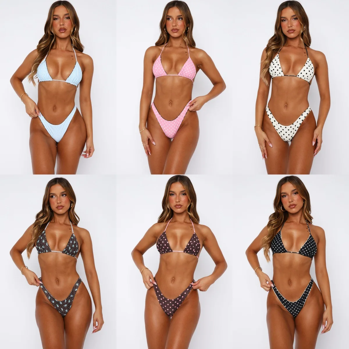 Women Double Sided Wearable Swimsuit Bikini Set Plaid Print Tie-Up Halter Neck Sleeveless Bra Thong Bottoms Beach Bathing Suit