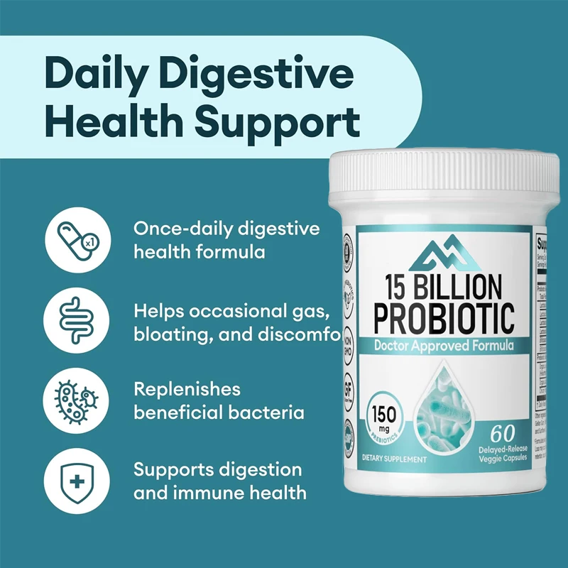 60 probiotic capsules with 15 billion colony units -6 strains of bacteria and organic prebiotics alleviate bloating and bloating