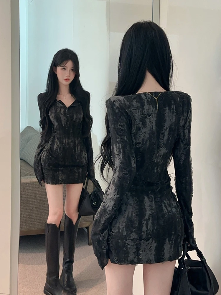 Foamlina Women's Tie Dye Print Mini Dress Fashion O Neck Long Sleeve Buttons Ripped Holes Slim Bodycon Party Dress Y2K Clubwear